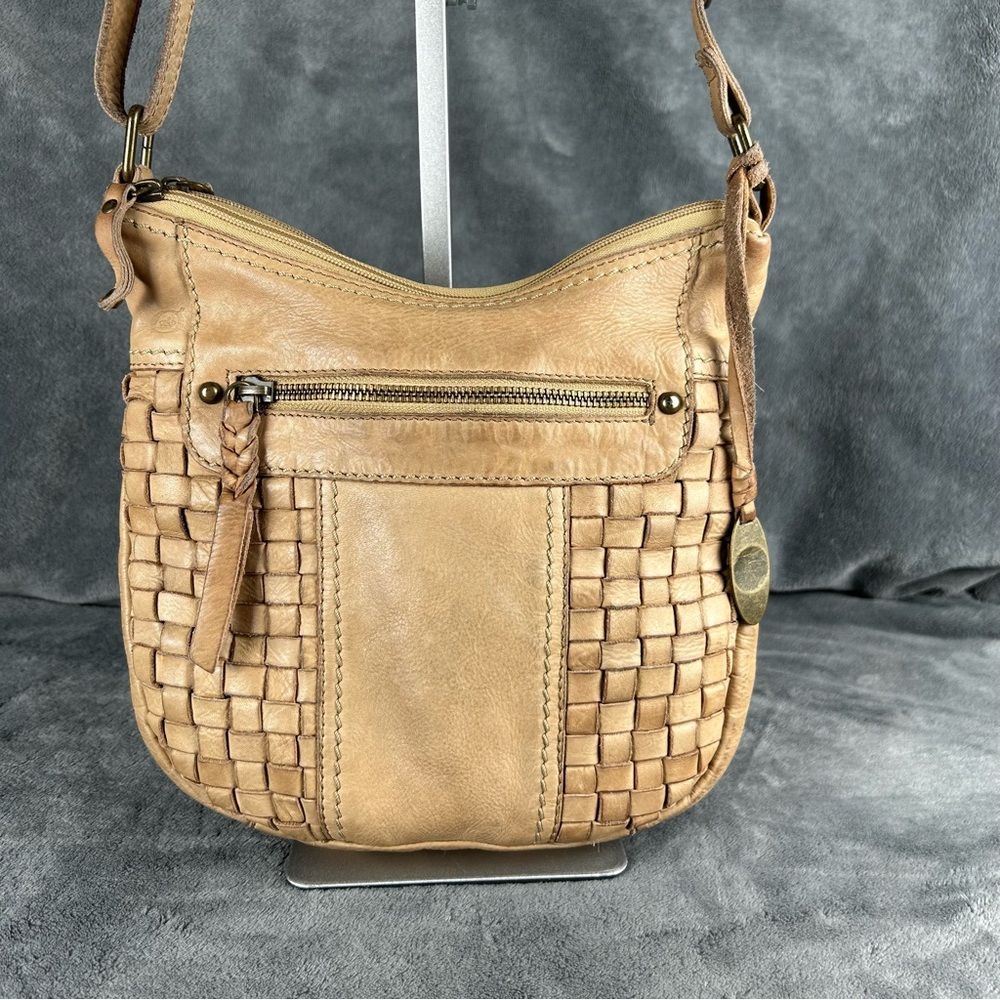 Born Leather Crossbody‎ Bag Tan Woven Bohemian Casual Adjustable Strap